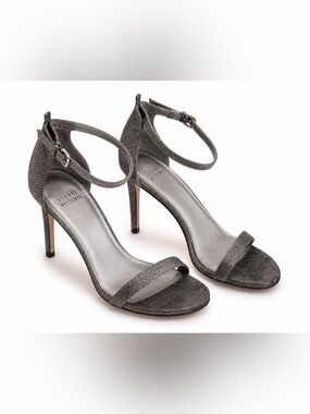 Stuart Weitzman Metallic Silver Glitter Ankle-Strap Heels